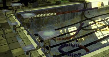 CGI Old pool with abandoned starting blocks and tangled lane lines in sunlight video
