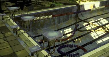 CGI Old pool with abandoned lanes and neglected features during daylight video