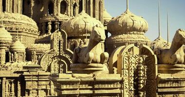 CGI Intricate stone carvings of historic temple at dawn with domes and sculptures video