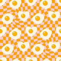 Doodle seamless pattern with fried eggs on trippy grid background. Aesthetic geometric print for paper, fabric, textile. Hand drawn illustration for decor and design. vector