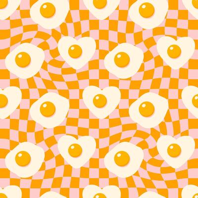 Doodle seamless pattern with fried eggs on trippy grid background. Aesthetic geometric print for paper, fabric, textile. Hand drawn illustration for decor and design.