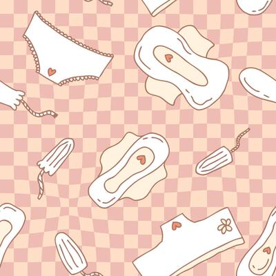 Women period doodle seamless pattern on trippy grid background. Menstrual period underclothing print for paper, textile, label, sale. Hand drawn illustration.