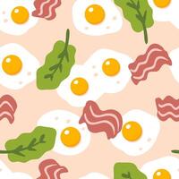 Breakfast seamless pattern with fried eggs, bacon and salad. Great design for any purposes. Hand drawn illustration. vector