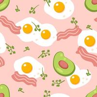 Hand drawn seamless pattern with fried eggs, avocado and bacon. Perfect print for paper, fabric, textile. Food background illustration. vector