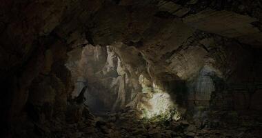 CGI Exploring a dark cavern highlighting rock formations and natural illumination video