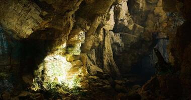 CGI Exploring a mysterious cave adorned with natural rock formations and shadows video