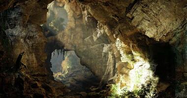 CGI Mysterious cave interior with natural light illuminating ancient rocks video