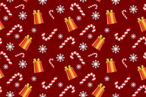 Candy cane with gift and snowflakes seamless pattern on red background vector