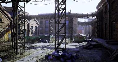 CGI Abandoned industrial area with overgrown debris and crumbling structures video
