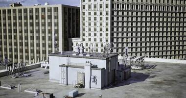 CGI Rooftop view of urban buildings with modern architecture and equipment video