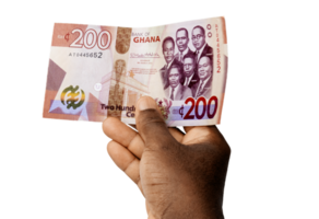 Close up of Black person hands raising showing pointing, inspecting and checking 200 Ghanaian cedi note. watermark.inspection of money.Verification of paper currency not fake counterfeit original real png