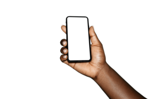 Black hand holding phone facing camera isolated on transparent background. blank screen,phone screen mockup,front view,clipping path,clipping mask png