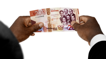 Black person hands in suit inspecting and checking 200 Ghanaian cedi note. watermark.inspection of money. Verification of paper currency not fake counterfeit original real over transparent background png