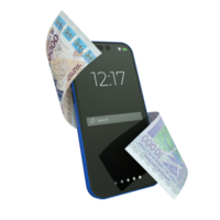 West CFA francs note moving flying around a smartphone isolated on a transparent background. Mobile money concept png