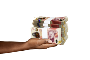 Hand Holding 3D rendering of stacks of 50 British pound notes isolated on transparent background png
