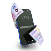Central CFA francs note moving flying around a smart phone isolated on a transparent background. Mobile money concept png