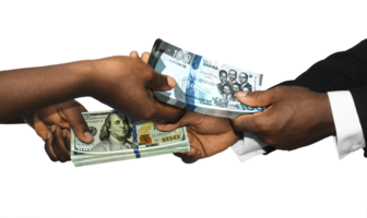 Two black african people hands holding exchanging stacks USA Dollar and Ghanaian cedi currrency notes on transparent background. pairing, Weighing and comparing two country monies. Exchange rate png