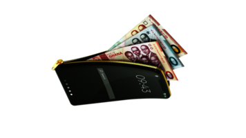 Online mobile money wallet concept. 3D rendering of Ghanaian cedi notes inside smart phone isolated on transparent background. money coming out of purse png
