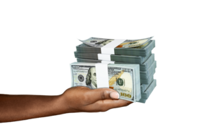 Hand Holding 3D rendering of stacks of 100 US dollar notes isolated on transparent background png