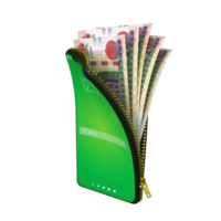 Online mobile money wallet concept. 3D rendering of Egyptian Pounds notes inside smart phone isolated on transparent background. money coming out of purse png