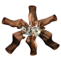 Black African hands reaching touching holding single 100 US dollar notes money over white background. Stretching arms for cash teamwork togethetness fighting war competing challenging struggling png