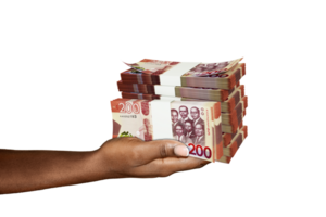 Hand Holding 3D rendering of stacks of 200 Ghanaian cedi notes isolated on transparent background png
