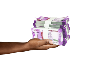 Hand Holding 3D rendering of stacks of 2000 Indian rupee notes isolated on transparent background png