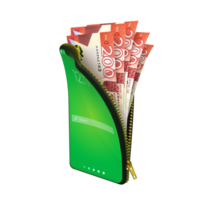 Online mobile wallet concept. 3D rendering of Ghanaian cedi notes inside smart phone isolated on transparent background. money coming out of purse png