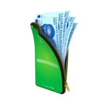 Online mobile money wallet concept. 3D rendering of Nigerian Naira notes inside smart phone isolated on transparent background. money coming out of purse png