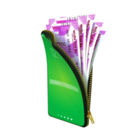 Online mobile money wallet concept. 3D rendering of Indian rupee notes inside smart phone isolated on transparent background. money coming out of purse png