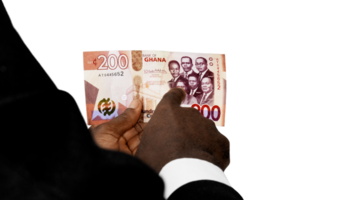 Black person hands in suit pointing, inspecting and checking 200 Ghanaian cedi note. watermark.inspection of money. Verification of paper currency not fake counterfeit original real png