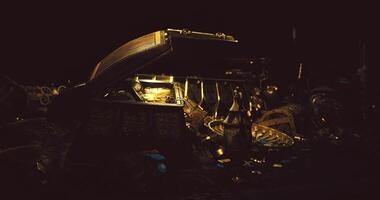 CGI Treasure chest filled with gold and jewels in a darkened setting at night video