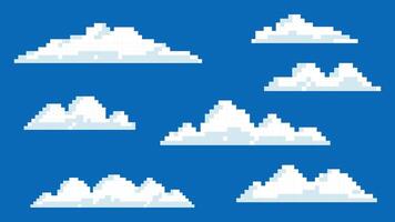 Pixel cloud landscape. Pixelated nostalgia icons. Gaming 8-bit set. vector