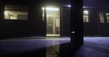 CGI Empty subway platform with illuminated train at night in urban setting video