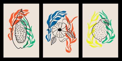 Modern minimalist botanical set with papaya, lemon, and flower in line art style. Contemporary abstract design with summer fresh elements. vertical posters, cards vector
