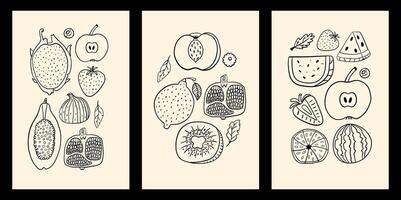 Set of posters in hand draw style with different fruits. Line art apples, watermelon, dragon fruit, and other. design elements vector