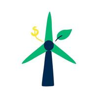 Wind turbine, dollar sign and leaf. Green energy investment concept. Sustainable and renewable energy source. Graphic hand drawn eco-friendly element vector