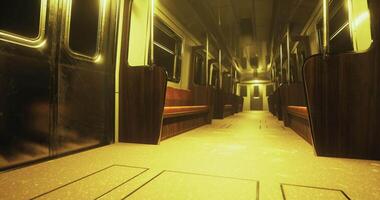 CGI Empty subway train interior with dim lighting and reflective surfaces video
