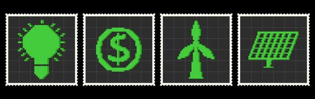 Set of eco-friendly postage stamps with green wild tuebine, solar panel, light bulb, coin. Environmental pixel art elements. ESG collection vector