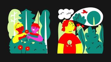 Children spending time in nature. Conceptual illustration about well-being influence of environment on mental health of child. flat design vector