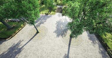 CGI View of a sunny park with trees and patterned stone pavement in the afternoon video