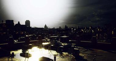 CGI Urban skyline illuminated by bright light during a storm at night video
