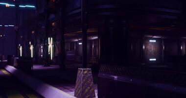CGI Urban night scene with neon lights and futuristic architecture in a city video