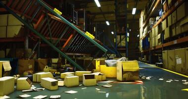 CGI Warehouse storage area shows disarray and scattered packages during day video