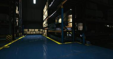 CGI Inside a dark warehouse showing stacked pallets in dim lighting video