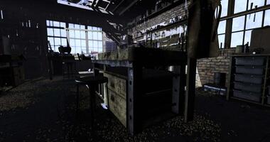 CGI Workshop filled with tools and materials at daylight in a rustic setting video
