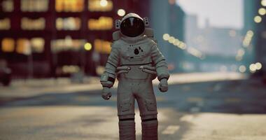 CGI Astronaut walking on empty city street during evening hours video