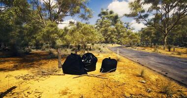 CGI Trash littering a rural road in a desolate landscape during a sunny day video