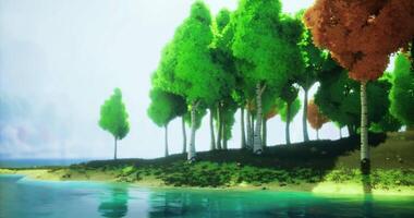 CGI Colorful trees along a tranquil river under a bright sky in serene nature video