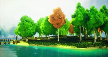 CGI Vibrant island landscape with colorful trees beside serene turquoise water video